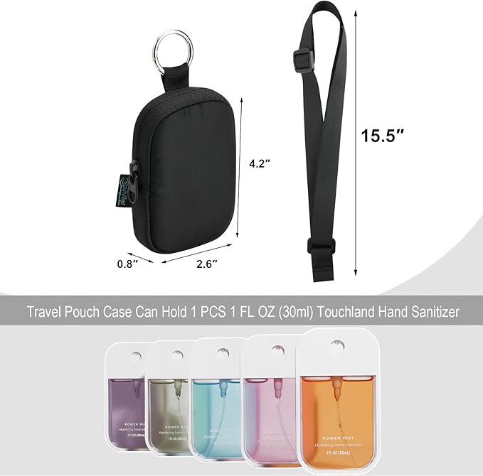 Beautyflier Pocket Hand Sanitizer Spray Case for Touchland Power Mist and Glow Mist 1FL OZ, Zipper Pouch for Hand Sanitizer Spray Bottle, with Removable Neck Strap, Great for Travel (Black)