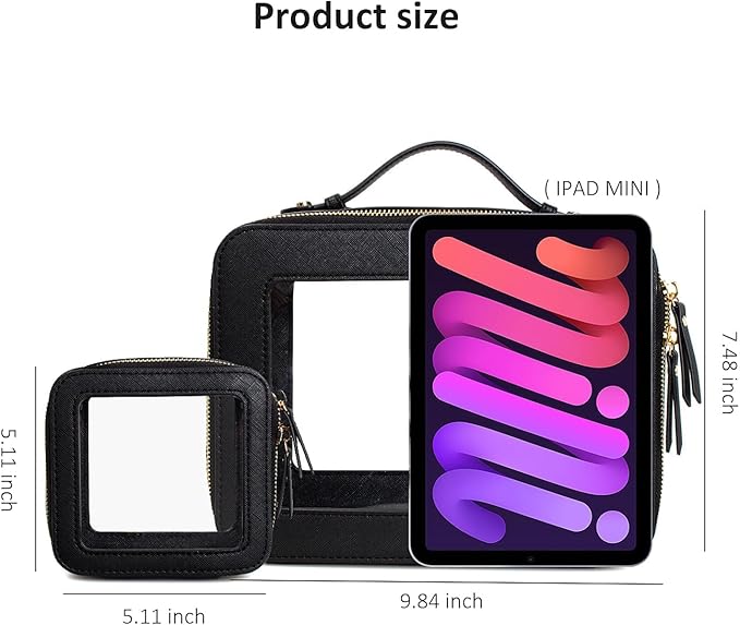 LETGO Clear Makeup Bag Set, Portable Travel Toiletry Bag Cosmetic Case for Women, Vegan Leather Make up Pouch Organizer Car Bag for Essentials (Mini+Large Black)