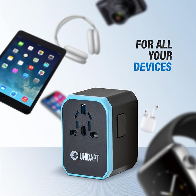 Universal Travel Adapter for Europe and International Travel from USA, Type C EU/Type G UK/Type I AU/Type A US, 1 AC Outlet, 1 USB-C and 4 USB-A Ports, Unidapt Travel Plug Adapter