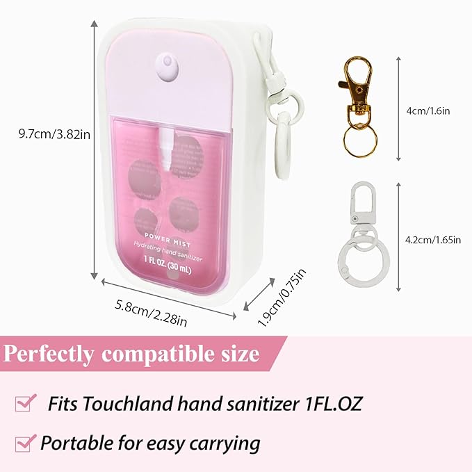 Silicone Case for Touchland Hand Sanitizer Spray 1 fl oz,Protective Case with Dual Keychains and Back Hole Design,Portable Hand Sanitizer Holder Keychain for Daily Outings, Travel & More (White)
