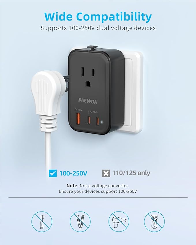 PAEWOK Travel Adapter PD 20W, Mini Universal Travel Adapter with 1 AC Outlet and USB Fast Charging, Ultra Thin International Plug Adaptor for US to European UK Italy Spain New Zealand (Type C G A I)