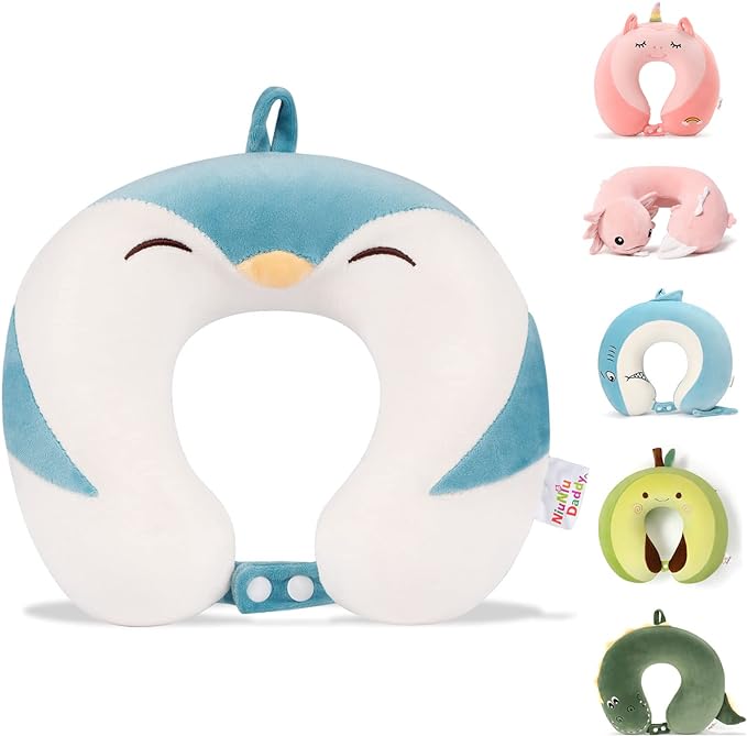 Niuniu Daddy Travel Neck Pillow - Pure Memory Foam Neck Support for Airplane, Car, Train Travel - Penguin Design for Kids 8+, Teens and Adults