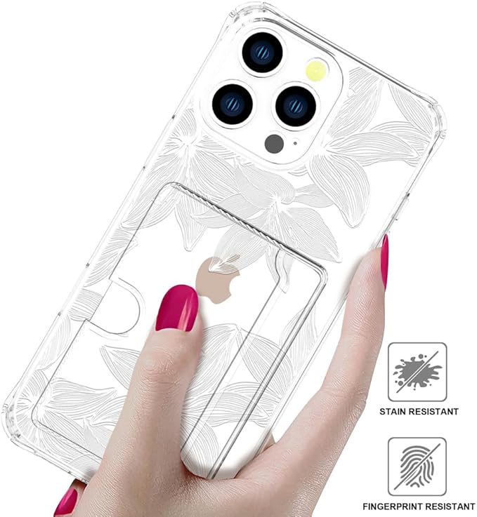 Compatible with iPhone 16 Pro Max Case Card Holder for Women Cute Design,Wallet Phone Cases Transparent Cool Kawaii Protective (Clear Flower White)