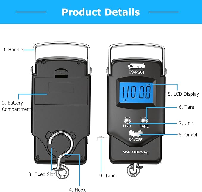Dr.meter Fish Scale Luggage Scale Fishing Gear - 110lb Backlit LCD Display Digital Scale with Built-in Measuring Tape - Fishing Scale with 2 AAA Batteries, Pocket Size - Fishing Gifts for Men