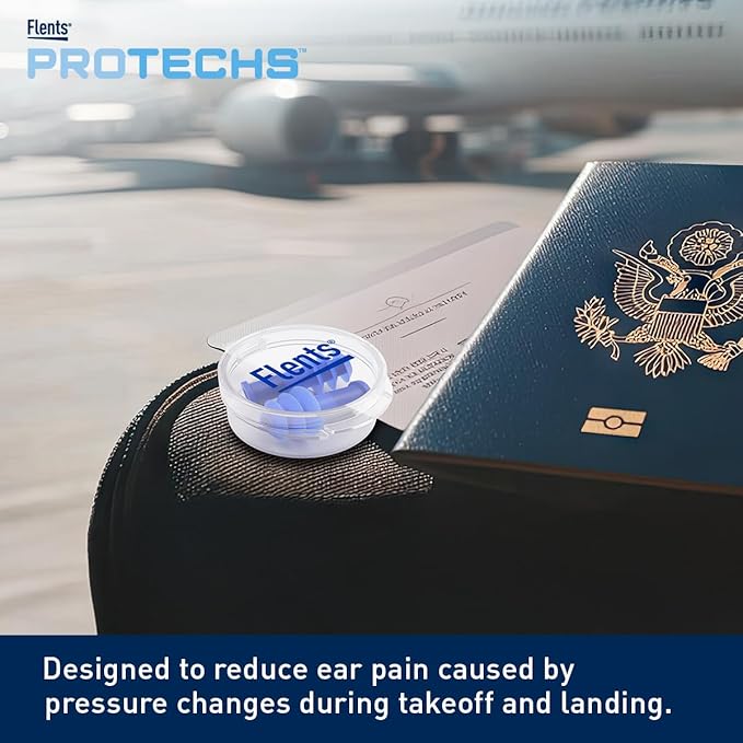 Flents PressureEase Earplugs Designed for Flying, Airplane Pressure Ear Plugs for Ear Pain Relief, 26dB NRR, Soft Comfort Flange, Travel Essential for Takeoff & Landing, 1 Pair + Case, Blue