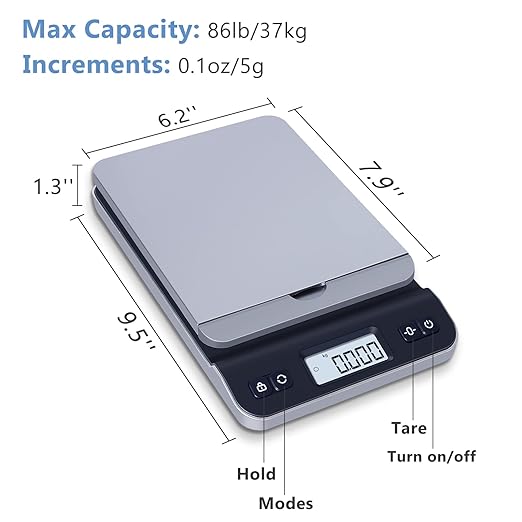 QP Shipping Scale, 86lb/0.1oz High Accuracy Digital Postal Scale for Packages, Hold/Tare Function, Backlit LCD Display, Flip-up Holder, Postage Scale, Mail Scale, Battery & Tape Measure Included