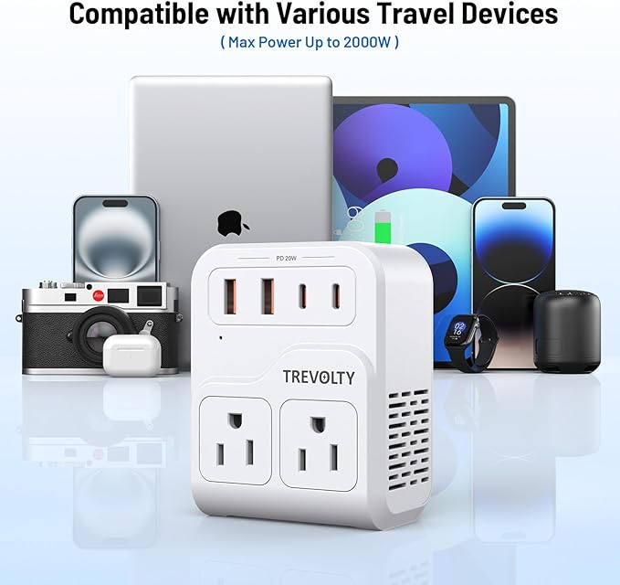 7-in-1 European Travel Plug Adapter, 2000W Universal Travel Adapter with 3 AC Sockets, 2 USB-A & 2 USB-C (PD 20W) Ports, Travel Essentials International Power Adapter for UK/EU/China/Japan