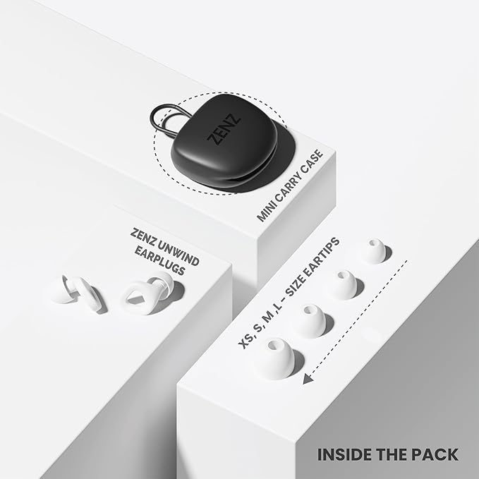 Zenz Unwind Ear Plugs for Sleeping Noise Reduction – Soft Silicone Reusable Earplugs for Sleep, Focus & Work – 28dB Noise Reduction with Storage Case – XS/S/M/L Eartips (Glacier White, One Size)