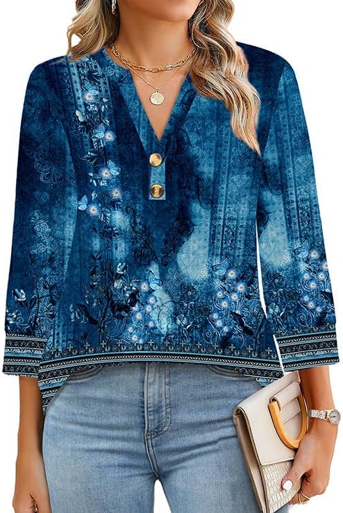 OFEEFAN Womens Tops 3/4 Sleeve Henley Shirts for Women Summer Outfits Fashion Clothing