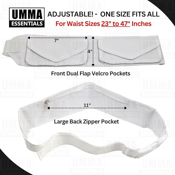 Premium Ahram Ihram Belt for Hajj & Umrah – Hidden Safety Zipper Pockets, Adjustable Waist (23”– 47”), Large Pockets for Cell phone and Sturdy Buckle with Lock Release
