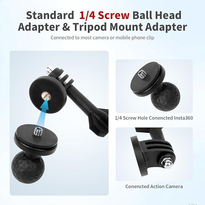 Bike Motorcycle Camera Mount Bundle Kit, 1/4 Screw & Tripod Mount Adapter, 360°Rotating Ball Head Base -Ballhead Arm Bracket Clamp for lnsta360/G0pro, Handlebar Stype(0.59"-1.38") 75013