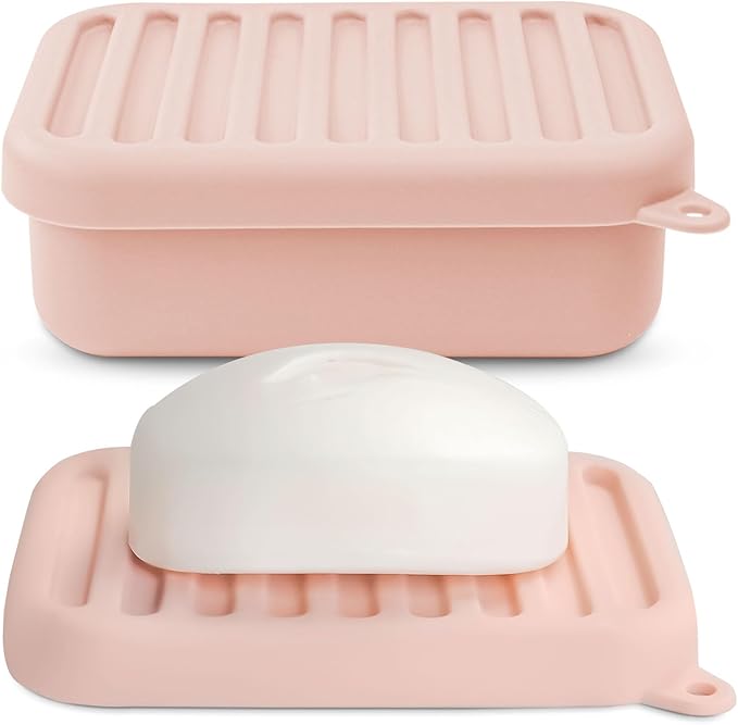 Superior Leak-Proof Silicone Travel Soap Case with Drainage Lid/Layer, Compact Bar Soap Container, Durable Soap Holder for Camping, Gym, and Travel Size Toiletries (Pink)