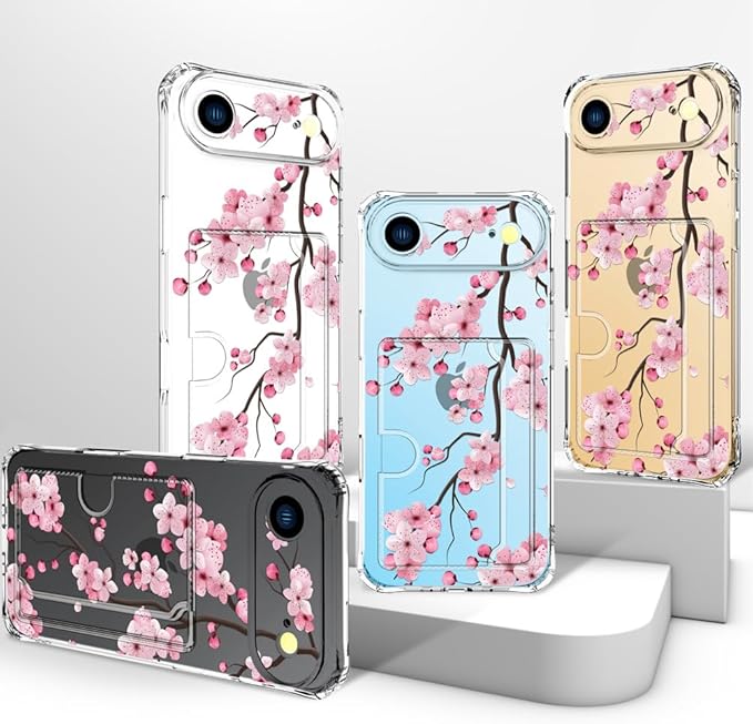 Compatible with iPhone 17 Air Case Card Holder for Women Cute Design,Wallet Phone Cases Transparent Cool Kawaii Protective (Clear Sakura Peach Cherry)