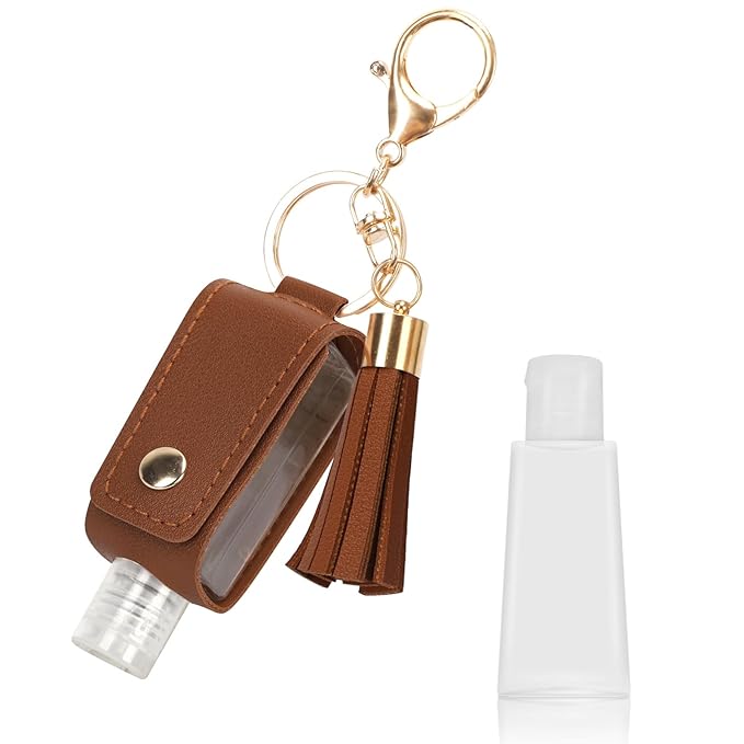 Unaone 1oz/30ml Hand Sanitizer Holder Travel Size, Empty Bottle Leather Sanitizer Holder with Keychain Portable Small Squeeze Bottle Refillable Container for Toiletry Lotion Liquid Soap Shampoo Brown