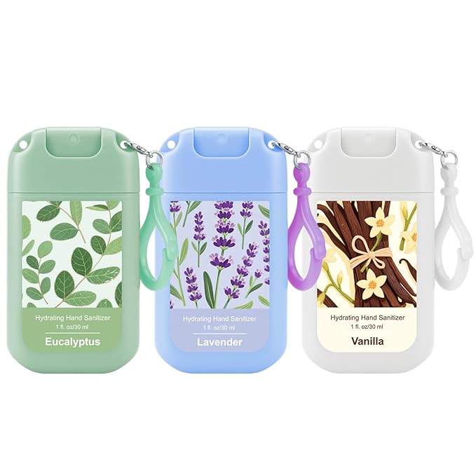 Set of 3 Power Mist Hydrating Hand Sanitizer Spray Bulk with Keychain Travel Size Refreshing Hand Sanitizer 1 Fl. oz Compact Spray Bottle Eucalyptus Lavender Vanilla Scent for Friends Gifts