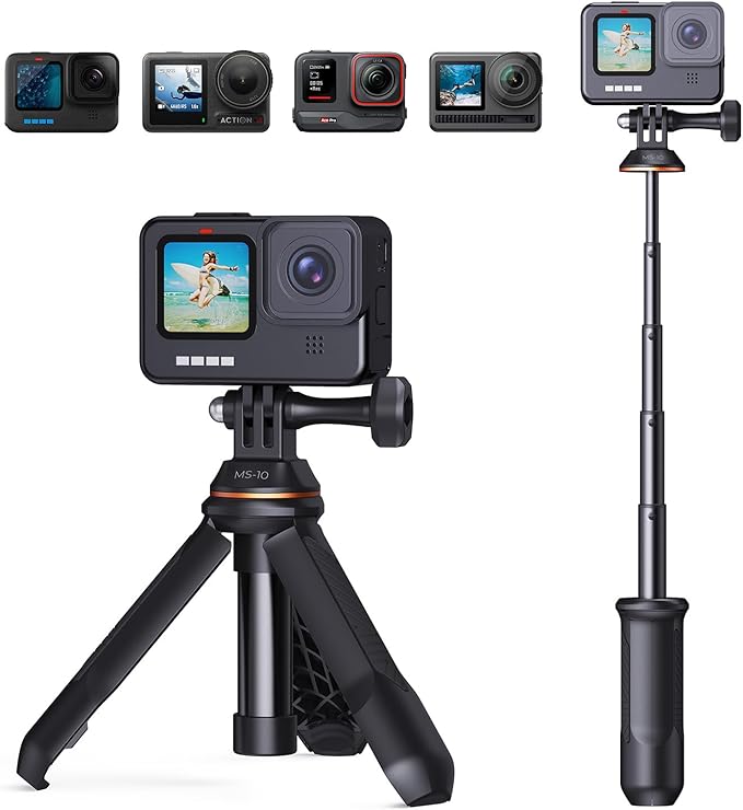 K&F CONCEPT 33.5cm/13.2" Selfie Stick Tripod, Portable Vlog Handle Grip Action Camera Selfie Stick for GoPro Hero 13/12/11/10/9/8/Max, DJI Osmo Action 5/4/3/2/1. (Black)