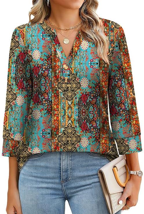 OFEEFAN Womens Tops 3/4 Sleeve Henley Shirts for Women Summer Outfits Fashion Clothing
