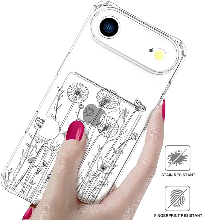 Compatible with iPhone 17 Air Case Card Holder for Women Cute Design,Wallet Phone Cases Transparent Cool Kawaii Protective (Clear Black Flower Bouquet)