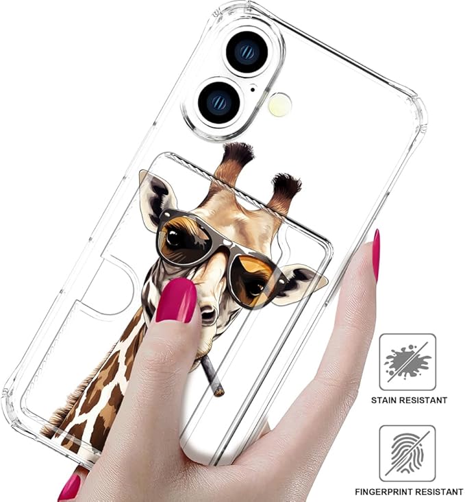 Compatible with iPhone 17 Case Card Holder for Women Cute Design,Wallet Phone Cases Transparent Cool Kawaii Protective (Clear Giraffe Smoking Animal)