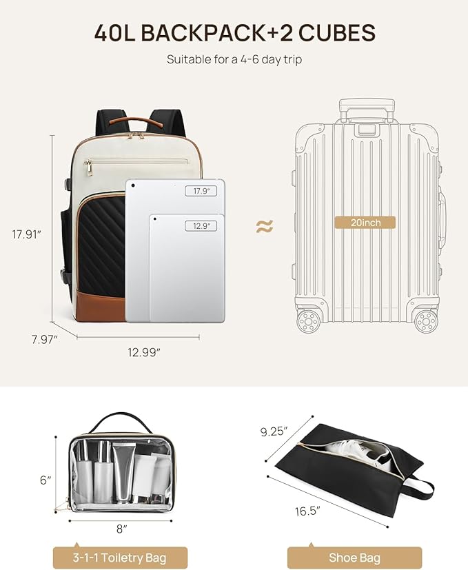 Telena Travel Backpack for Women, 17.3 inch Laptop TSA Carry On Personal Item Size Flight Approved Travel Bag Daypack with Multi-Pockets for Work, Travel, Business, Black-Beige-Brown