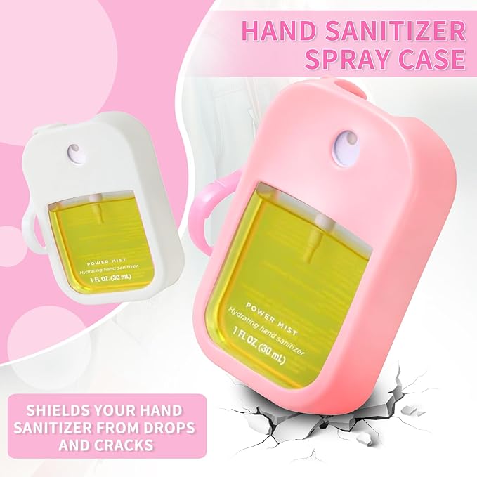 2 Pack Silicone Case Compatible with Wish Hand Sanitizer Spray, Hand Sanitizer Case Holder, Soft Silicone Protective Cases with Keychain, Protect Spray from Drops and Scratches (White and Pink)