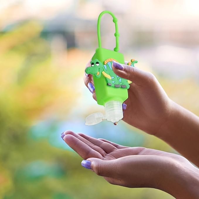 Refillable Travel Bottles Containers, 4 Pack Hand Sanitizer Travel Size Holder with Empty Silicone Bottles Case Keychain Carrier, Leak Proof Portable Bottle for Liquid Soap, Lotion (Dinosaur)