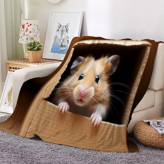 Hamster Throw Blanket, Fleece Blanket for Couch Bed Sofa, Brown Mouse Blankets and Throws, 3D Cute Animal Super Soft Cozy Plush Flannel Blanket, 40 x 50 in, Kawaii Pet