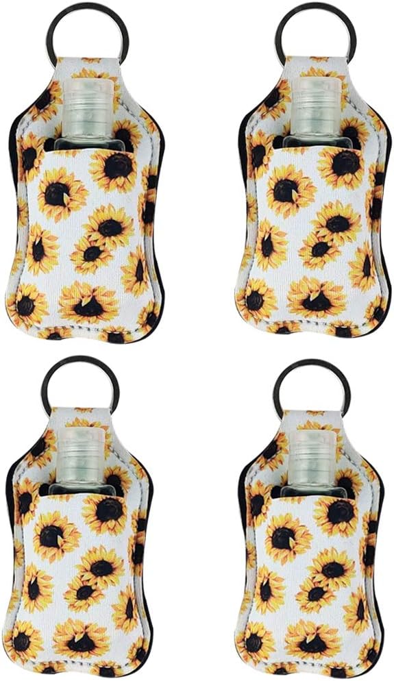 4 Piece Hand Sanitizer Bottle Holder Keyring Neoprene Keychain for 30ML Gym Shampoo Lotion Soap Perfume and Liquids Travel Containers,White Sunflower