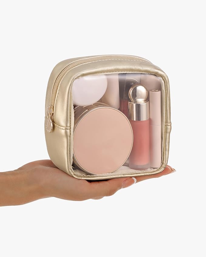 Pocmimut Clear Makeup Bag, Easy to Find Mini Makeup Bag for Purse, Travel Makeup Bag for Car, Compact Cosmetic Pouch for Daily Essentials,Gold