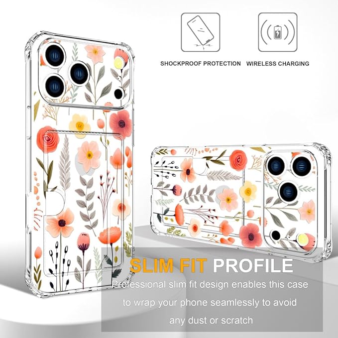 Compatible with iPhone 17 Pro Case Card Holder for Women Cute Design,Wallet Phone Cases Transparent Cool Kawaii Protective (Clear Flowers Leaves)