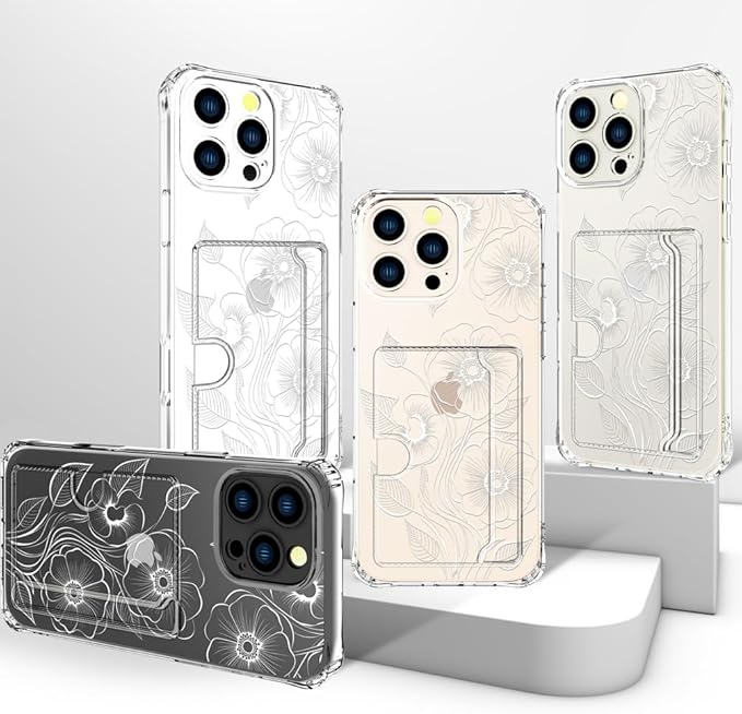 Compatible with iPhone 16 Pro Max Case Card Holder for Women Cute Design,Wallet Phone Cases Transparent Cool Kawaii Protective (Clear Seamless Abstract Flower)