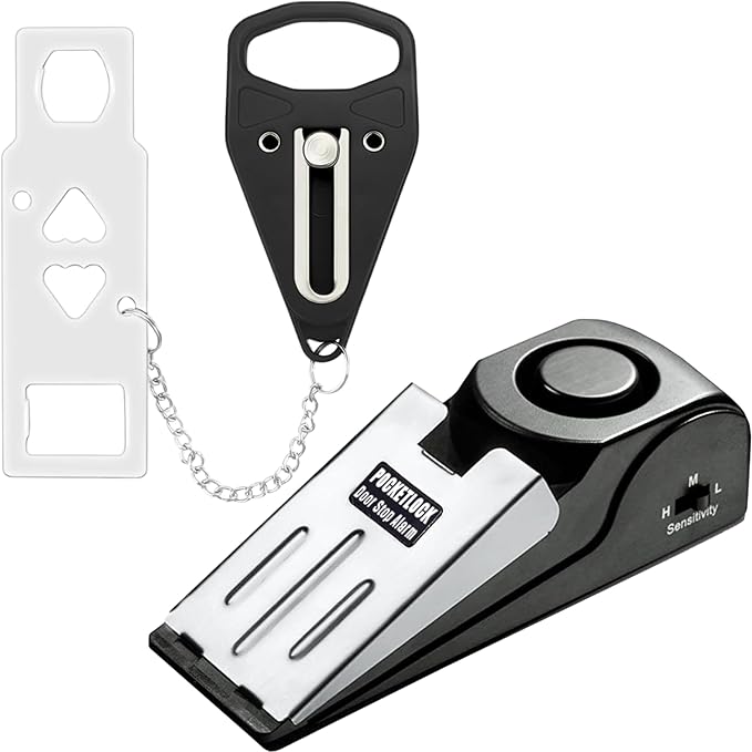 Portable Door Lock + Door Stop Alarm Set – Travel Safety Kit for Hotel Rooms, Home, Dorms & Apartments – (Black, Lock + Alarm)