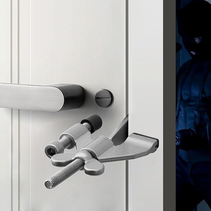 INIRET Grey Adjustable Heavy Duty Portable Door Lock,Security Device for Enhanced Safety,for Home,Travel,Hotels,Apartments Prevents Unauthorized Entry,No Drill,Silicone Protector Caps Included