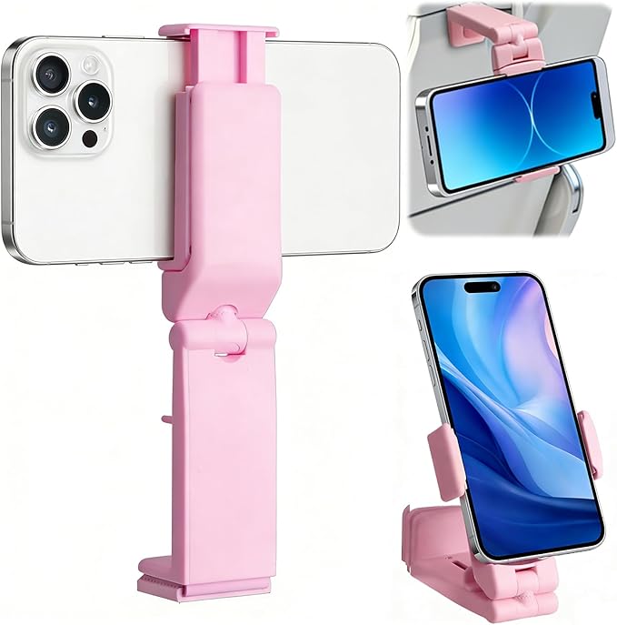 Airplane Phone Holder, Foldable Phone Holder for Airplane Seat Back Luggage Pole Desk 360° Rotation for Multi-Directional Viewing, Travel Essentials Holds Cell Phones (Pink 1pcs)