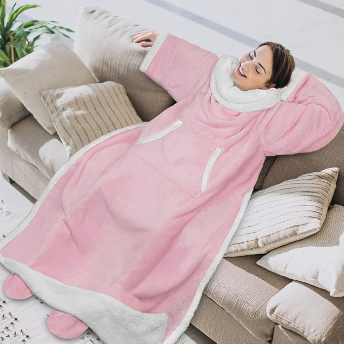 PAVILIA Sherpa Blanket with Sleeves, Foot Pocket for Women Men Adults, Thick Wearable Blanket Throw Wrap, Fleece Warm Snuggle Blanket Robe, Cozy Gift Ideas Wife Mom, Pink