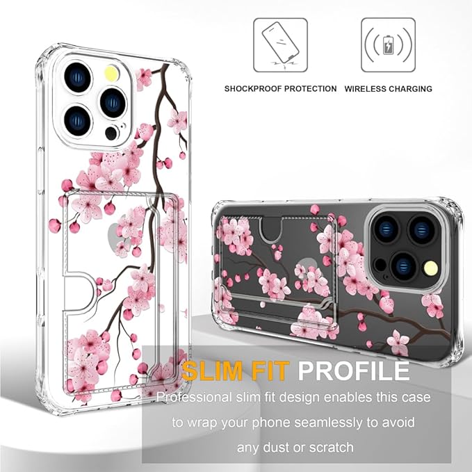 Compatible with iPhone 16 Pro Case Card Holder for Women Cute Design,Wallet Phone Cases Transparent Cool Kawaii Protective (Clear Sakura Peach Cherry)