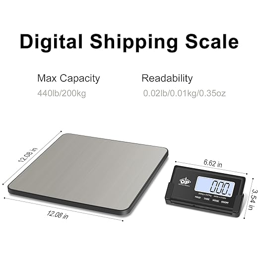 QP Shipping Scale, 440 lb/0.35 oz High Accuracy Digital Postal Scale, Postage Scale, Wireless LCD Display, Hold/Tare Function, Lightweight Scale for Packages/Luggage/Pet, Battery & AC Adapter Included