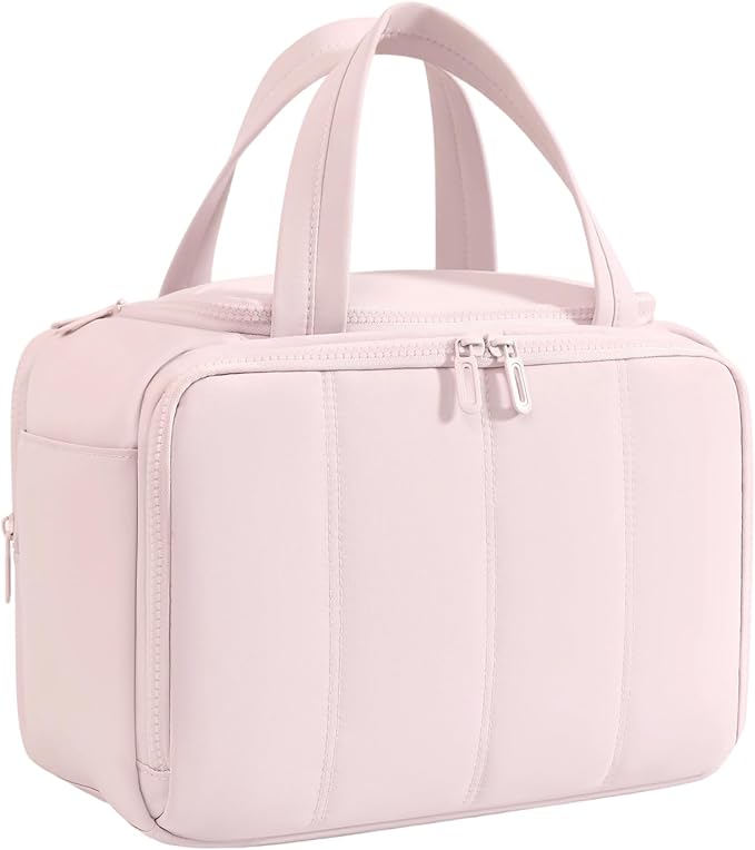Cute Puffy Toiletry Bag for Women,Large Makeup Bag,Travel Cosmetic Bag with Adjustable Dividers & Trolley Sleeve,Toiletries Organizer,Light Pink