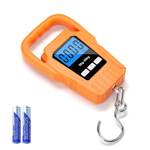 SKEAP Digital Fish Scale Hanging Scale Fishing Scale,110lb/50kg Luggage Scale,Upgrade Large Handle & Backlit LCD Display, Electronic Balance Digital Fishing Postal Scale,Orange,Fishing Gifts for Men
