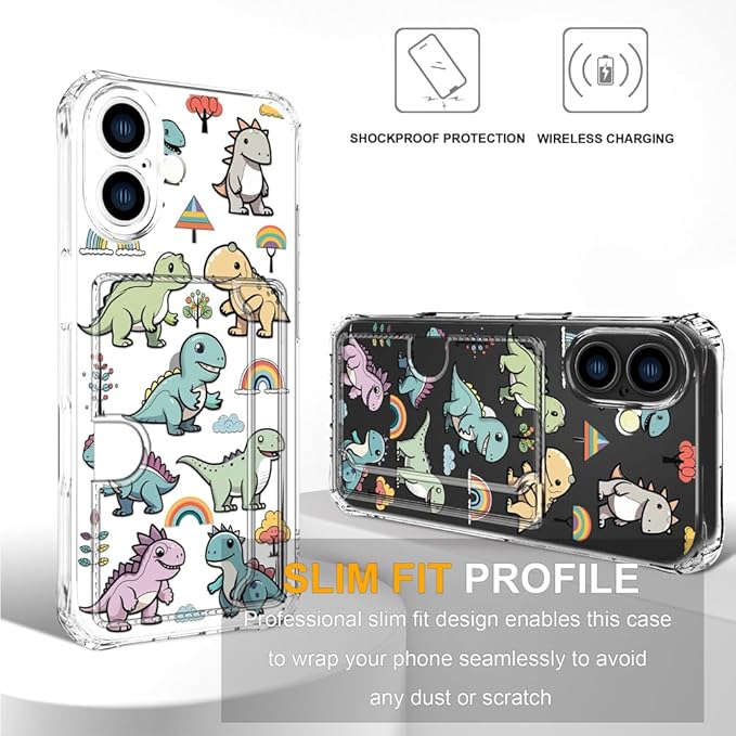 Compatible with iPhone 17 Case Card Holder for Women Cute Design,Wallet Phone Cases Transparent Cool Kawaii Protective (Clear Lovely Dinosaurs)