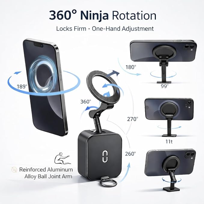 Mizi 3-in-1 Magnetic Phone Holder [20x N52] Strong Magnets, Portable Mount for Golf Carts, Garage, Gym, Travel, Kitchen, Office, Outdoor, Car - Black