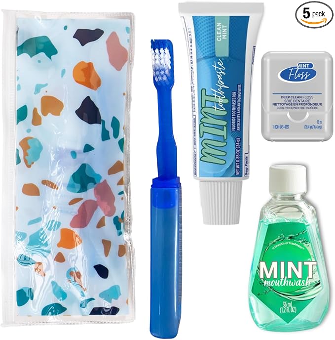 Dental Travel Kit with Toothbrush, Travel Sized Toothpaste, Mouthwash and Floss in a Reusable Zipper Pouch (TSA Approved)