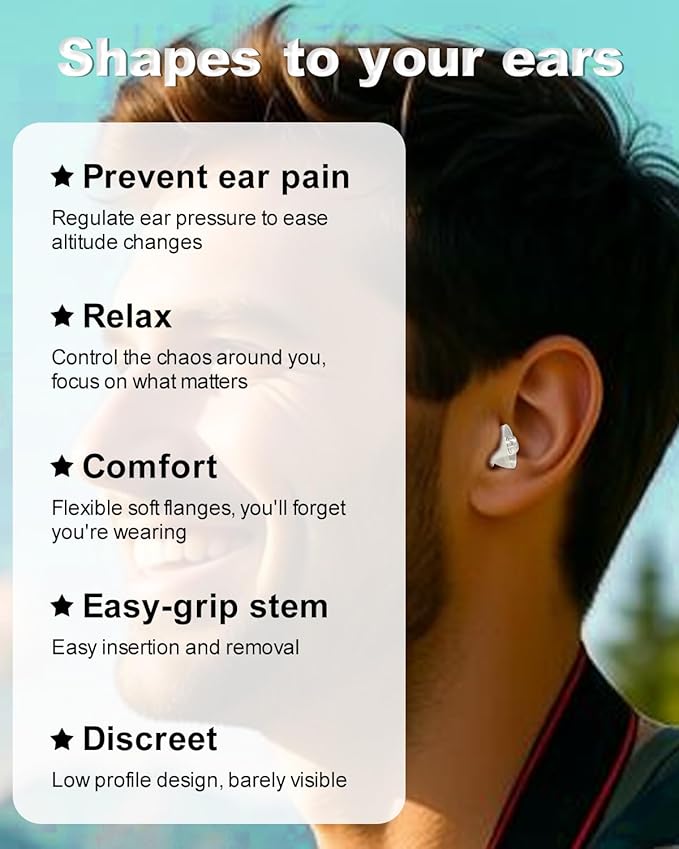 Airplane Ear Pressure Relief Earplugs - Painless Flying - Noise Reduction Travel Earplugs - Plane Travel Essentials - Comfortable Reusable Filtered Flight Ear Plugs for Adults