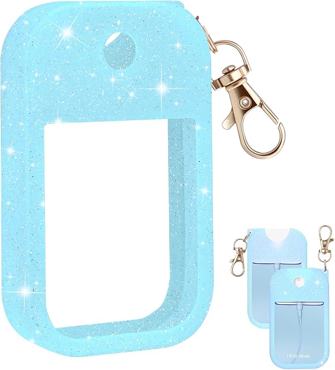 Palksky Hand Sanitizer Spray Glitter Case for Touchland,Silicone Case with Keychain for Power Mist and Glow Mist 1 fl oz(Glitter Sequin Blue),Travel Size