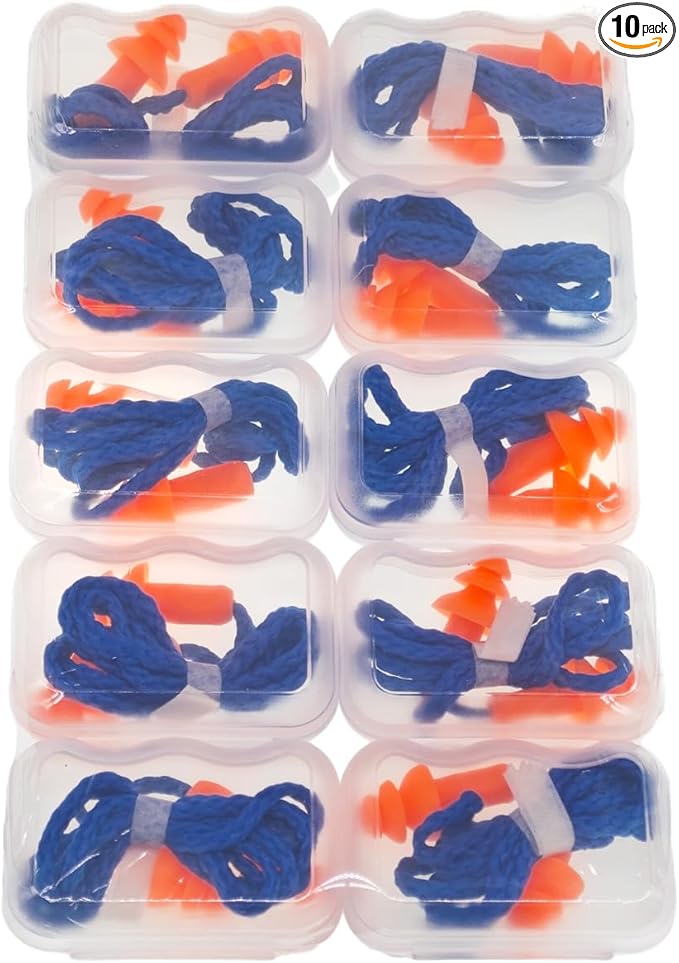 10 Pairs Corded Silicone Ear Plugs - with Plastic Carry Cases - Reusable Noise Cancelling Earplugs for Hearing Protection - Shooting Range Noise Reduction, Construction Work, Hunting Ear Protection