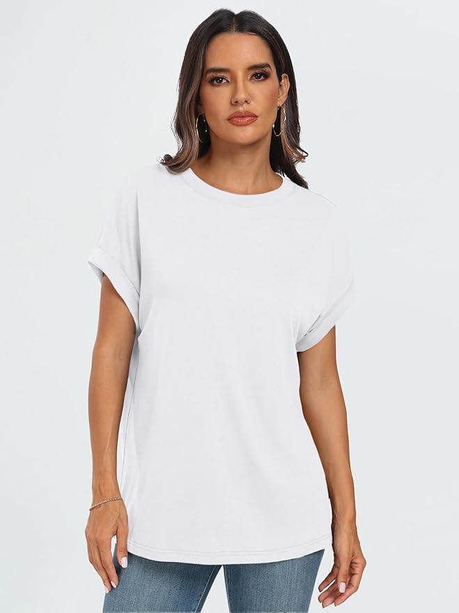 AUTOMET Women's Oversized Short Sleeve T Shirts Casual Drop Shoulder Rolled Cuff Summer Tops for Work, Travel and Lounge
