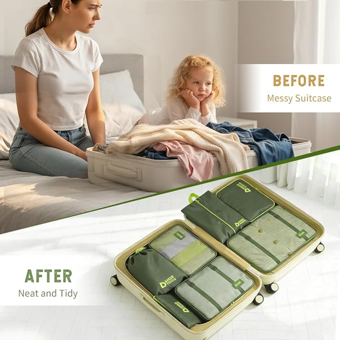 8-Piece Expandable Packing Cubes Set with Hanging Toiletry Bag, Lightweight Compression Travel Organizers for Carry-On Suitcase (Green)