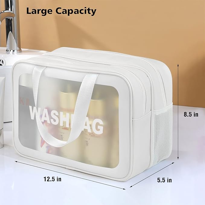 DAPOWER Travel Toiletry Bag for Women and Men, Matte Translucent Toiletry Bag with Handy Handle, Makeup Cosmetic Organizer Bag for Travel Toiletries Accessories (White-XL)