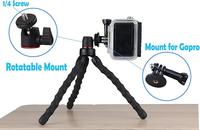 Flexible Camera Tripod Compatible with GoPro Hero 13, 12, 11,10, 9 Bendable Tripod 360° Rotation Mount Stand for Vlogging