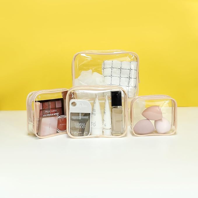Clear Toiletry Bag, 4 Packs TSA Approved Water resistant Quart Size Travel Organizer, Airport Airline Travel Essential Carry On Makeup Cosmetic Bags for Women (Light Pink, Pack of 4)